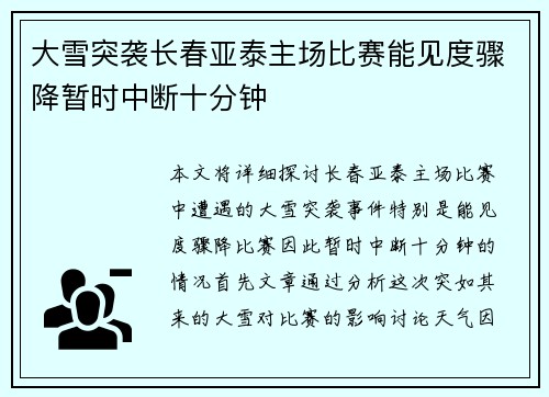 大雪突袭长春亚泰主场比赛能见度骤降暂时中断十分钟 大雪突袭长春亚泰主场比赛能见度骤降暂时中断十分钟