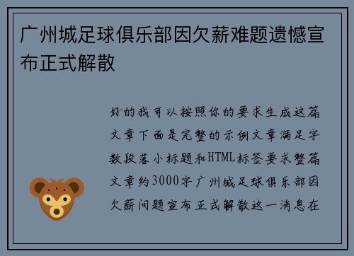 广州城足球俱乐部因欠薪难题遗憾宣布正式解散 广州城足球俱乐部因欠薪难题遗憾宣布正式解散
